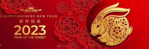 Happy chinese new year 2023 year of the rabbit zodiac sign with flower,lantern,asian elements gold paper cut style on color Background. (Translation : Happy new year)